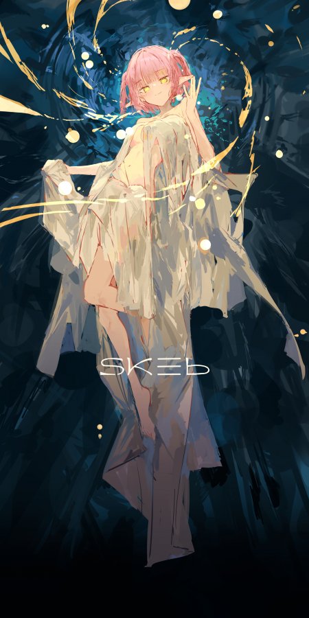 粉发精灵少女金色光效深蓝背景手机壁纸