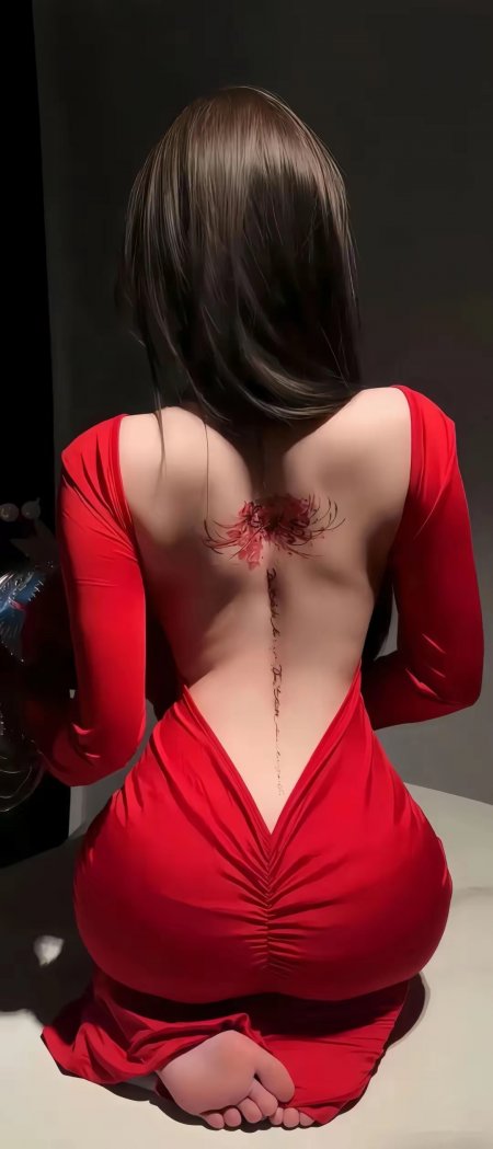 红色露背长裙女性背部彼岸花纹身手机壁纸