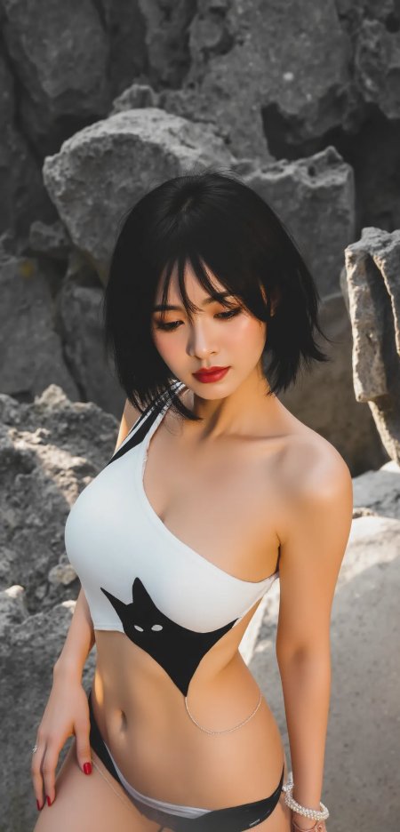 黑发短发少女白色猫耳比基尼岩石背景手机壁纸