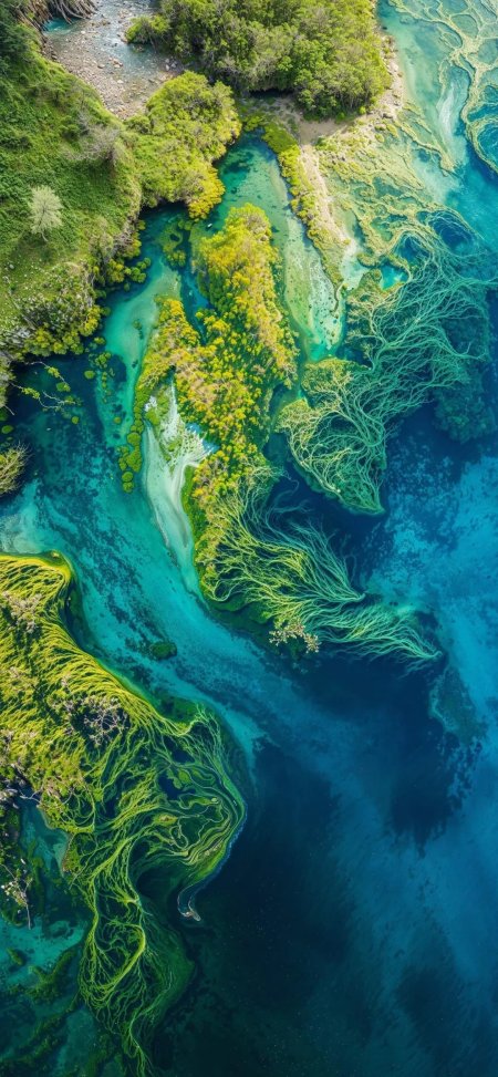 航拍翠绿湿地蓝碧河流交织自然风光手机壁纸