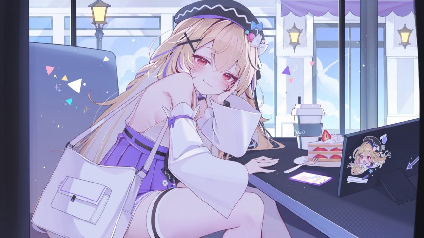 二次元少女咖啡厅甜点手机电脑桌面紫色系电脑壁纸
