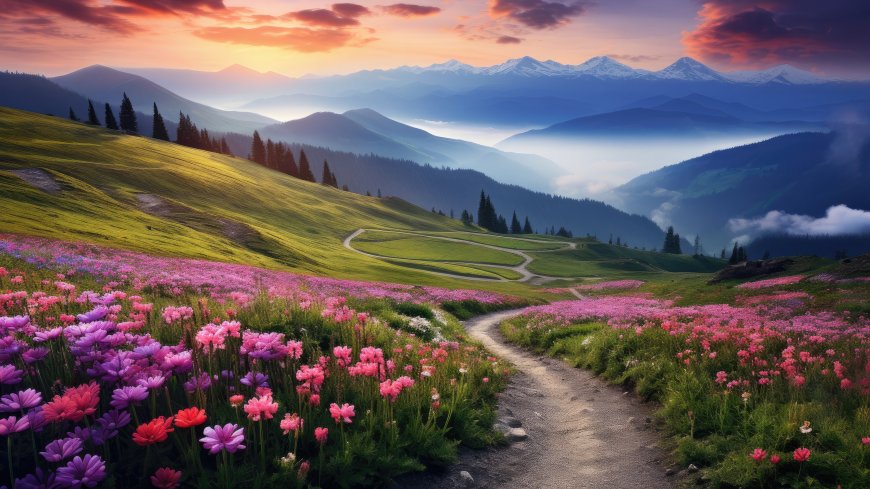 阿尔卑斯山花海日出山谷小径风景电脑壁纸