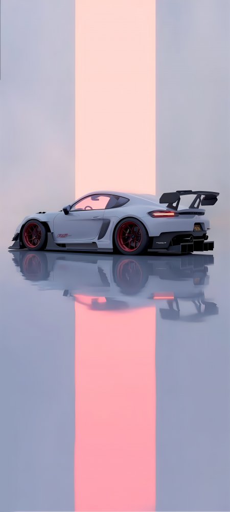 保时捷718 Cayman GT4 RS赛道版银灰红轮毂镜面反射手机壁纸