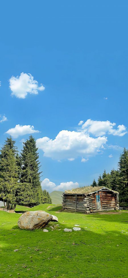 草原木屋松林蓝天白云风景手机壁纸