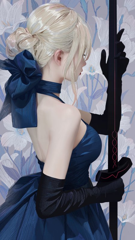 蓝裙持剑少女侧身花背景手机壁纸