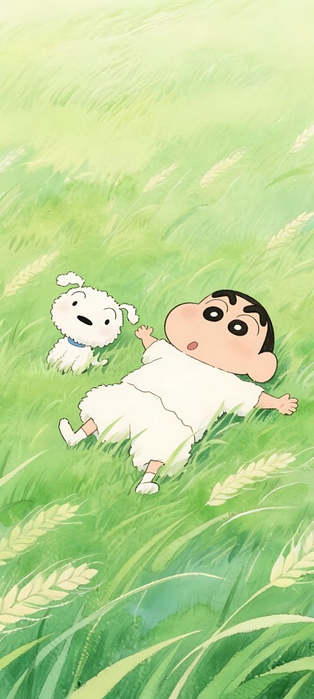 蜡笔小新小白草地奔跑温馨插画手机壁纸