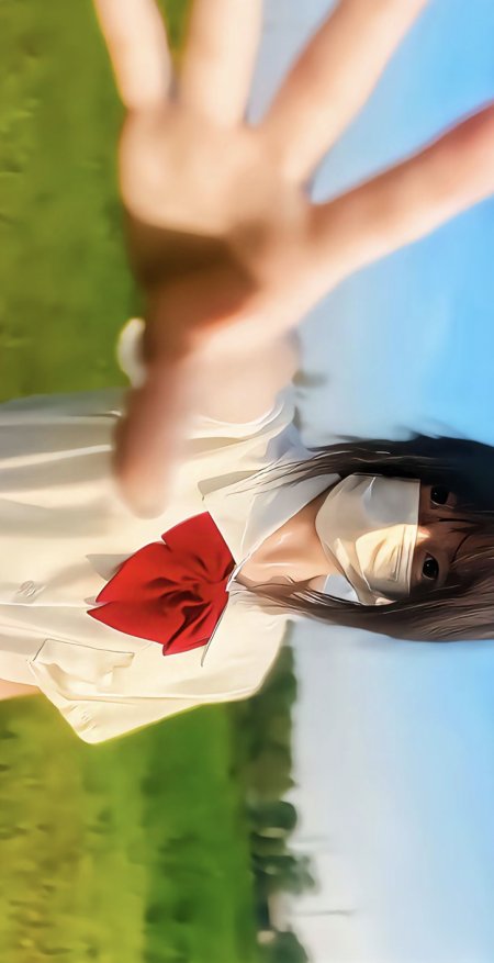 少女伸手遮面红领结白衬衫绿野蓝天手机壁纸