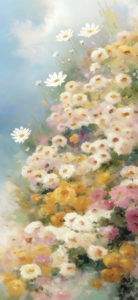春日雏菊与野花交织梦幻风景手机壁纸