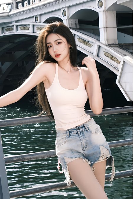 都市桥畔长发少女浅色背心牛仔短裤手机壁纸