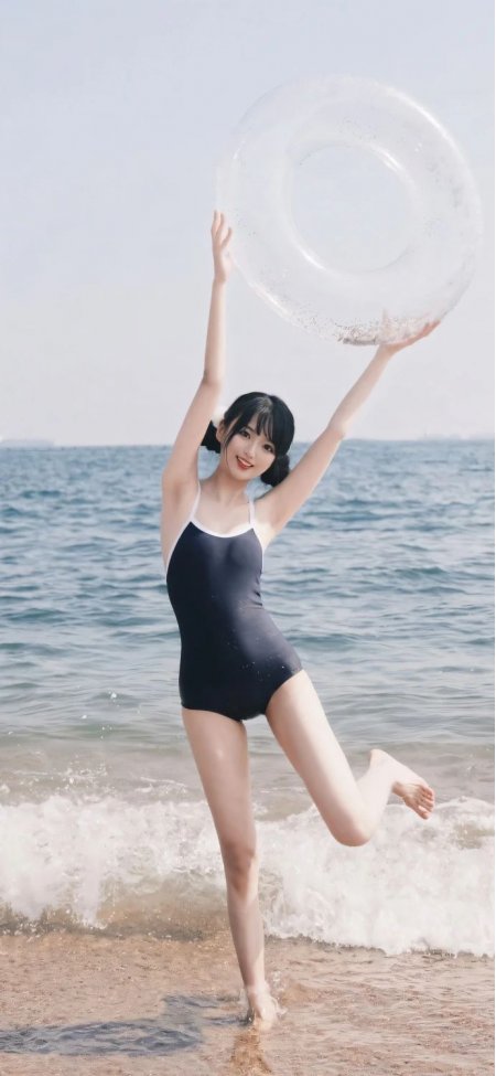 黑发少女海边举透明泳圈跳跃手机壁纸