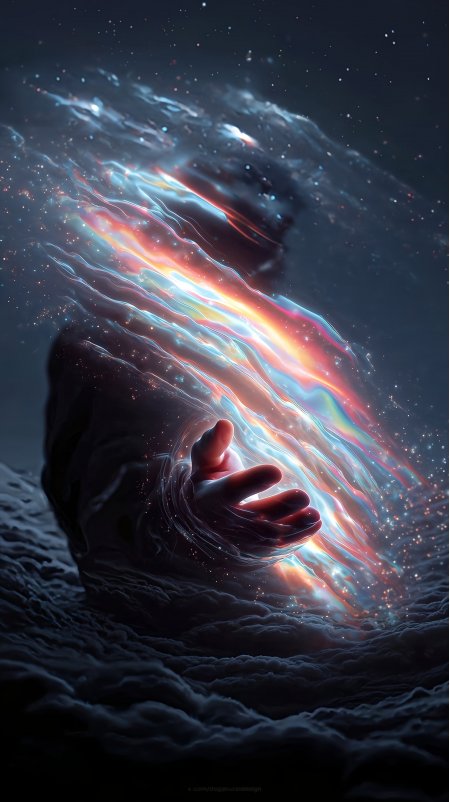 宇宙星云中伸出手掌的神秘人物超现实光影手机壁纸