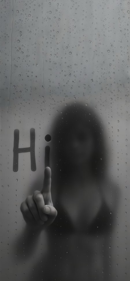 雨中玻璃上写字Hi手指触碰朦胧人影手机壁纸