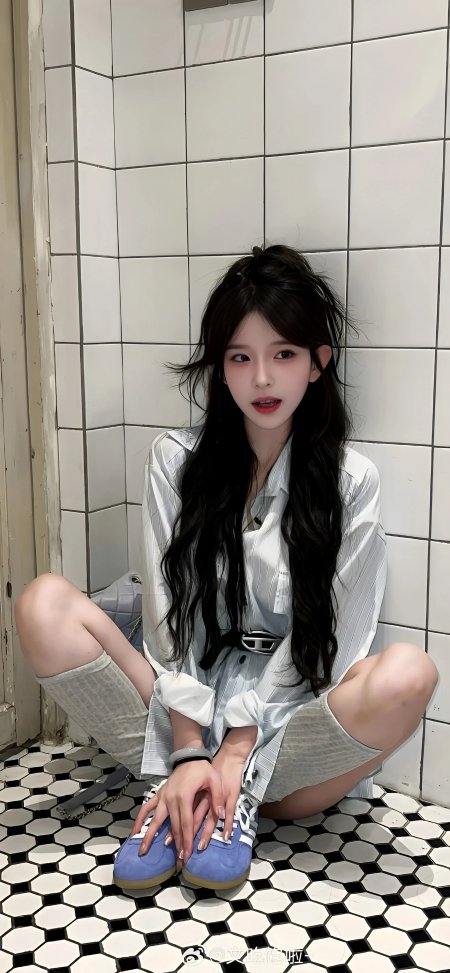 白衬衫长发少女蹲坐黑白六边形地砖浴室手机壁纸