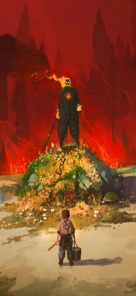 暗黑骷髅火焰使者立于花丘少年持剑仰望手机壁纸
