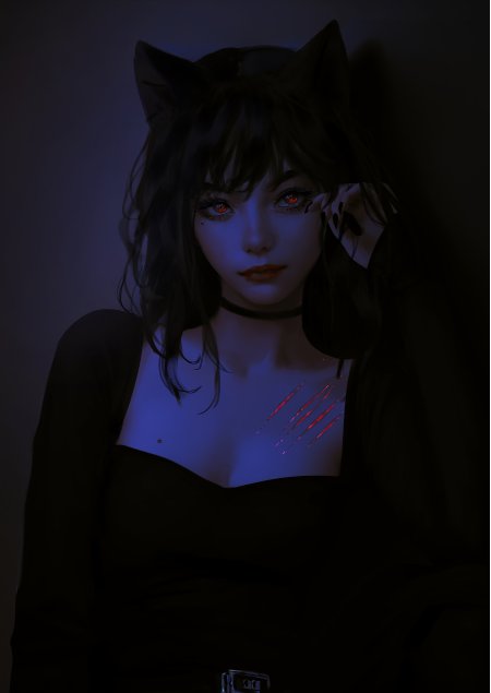 暗黑系猫耳少女红瞳蓝光伤痕手机壁纸