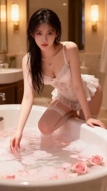 白色蕾丝内衣少女浴缸玫瑰花瓣手机壁纸