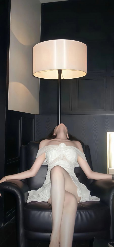 白色露肩礼服女子仰卧黑色皮椅现代简约灯饰手机壁纸
