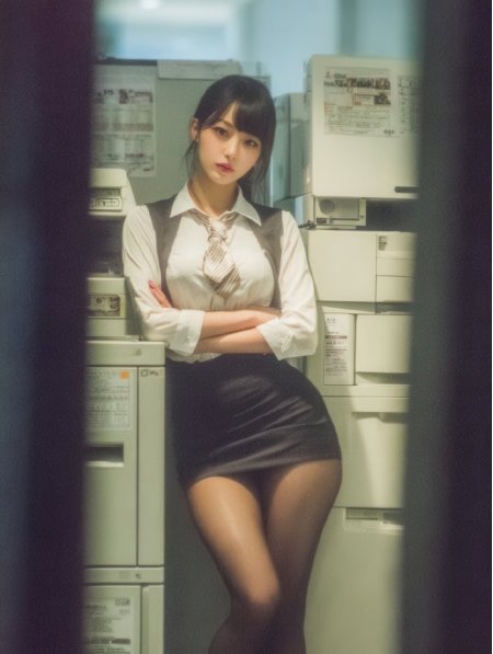 办公室女职员双臂交叉倚靠复印机手机壁纸