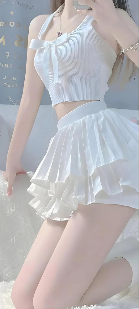 白色褶皱蝴蝶结吊带上衣百褶短裙少女自拍手机壁纸