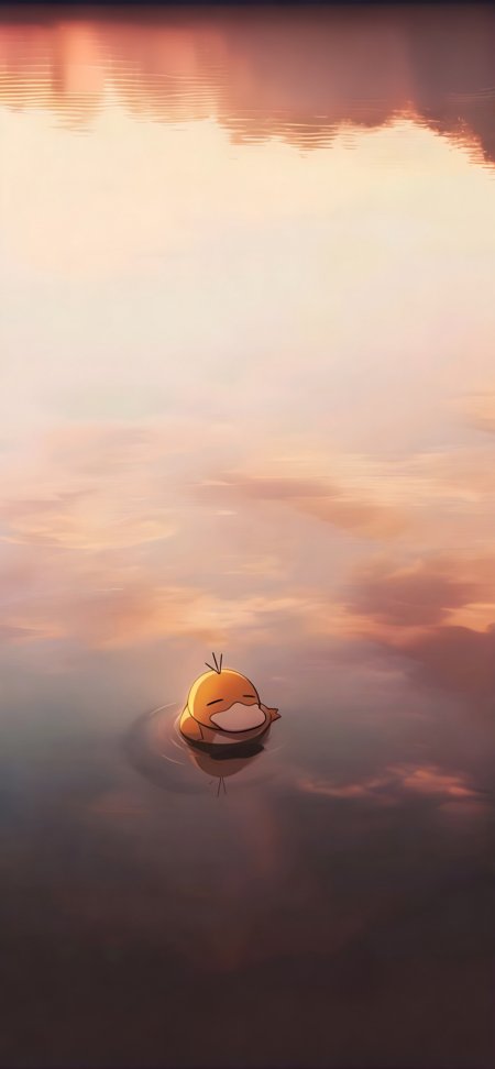 宝可梦可达鸭夕阳水面漂浮手机壁纸
