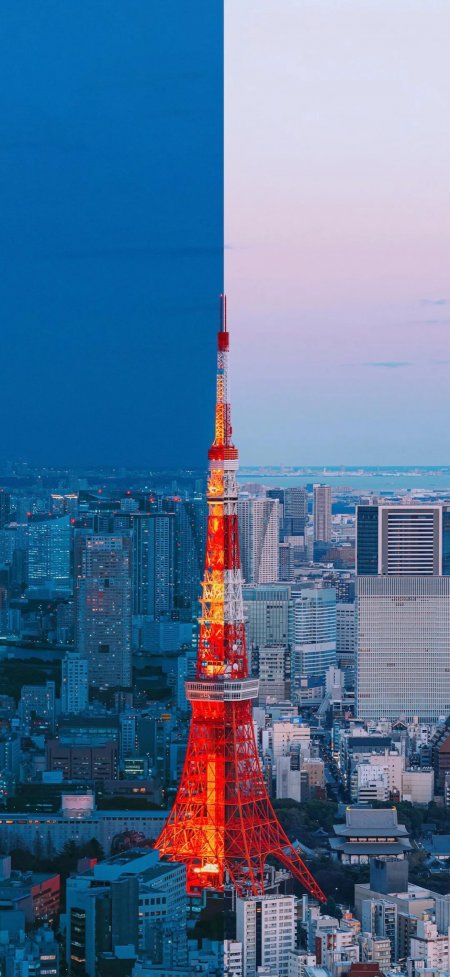 东京塔蓝粉双色对比城市夜景手机壁纸