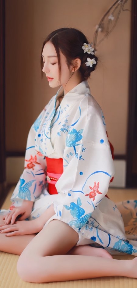 和风少女白底蓝红金鱼纹和服坐姿手机壁纸