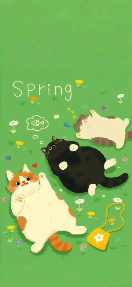春日三只猫咪草地躺卧插画手机壁纸