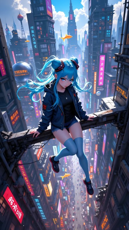初音未来赛博朋克都市高空悬坐手机壁纸