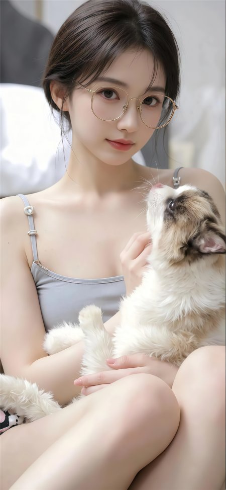 戴金丝眼镜少女怀抱布偶猫温馨互动手机壁纸