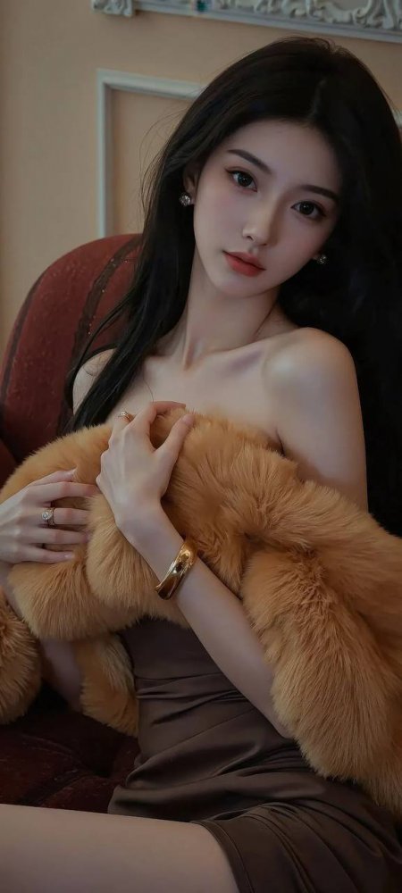 时尚女性棕色皮草披肩优雅坐姿手机壁纸