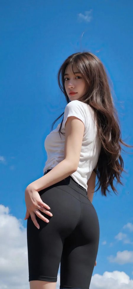 清新蓝天背景下长发女生回眸白T黑裤运动风手机壁纸