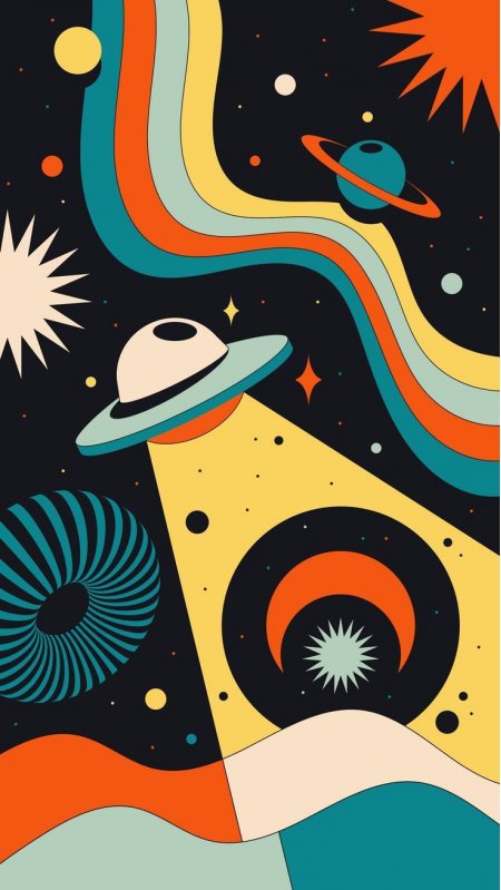 复古宇宙飞船行星星云抽象几何艺术手机壁纸