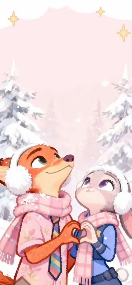 疯狂动物城尼克朱迪雪地同心手形手机壁纸