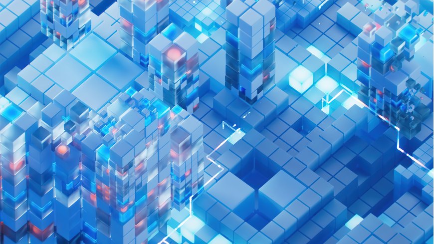 蓝色科技立方体矩阵发光电路抽象3D渲染科技电脑壁纸