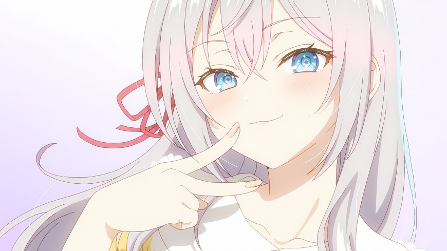 银发蓝瞳少女轻触唇角微笑日系动漫插画壁纸