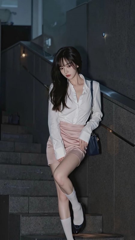 都市夜景楼梯间白衬衫粉裙女性坐姿手机壁纸