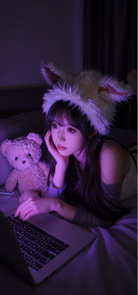 少女戴狐耳发饰躺床用笔记本电脑粉色泰迪熊陪伴手机壁纸