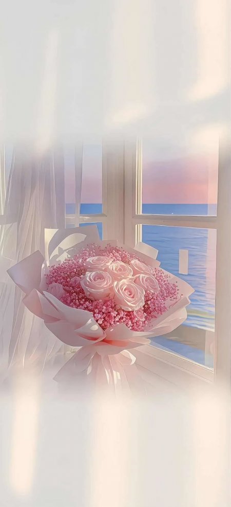 粉色玫瑰花束窗边海景日落光影手机壁纸