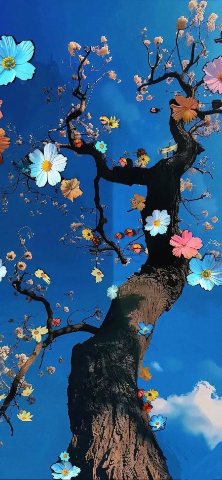 梵高风格蓝色背景繁花大树插画手机壁纸