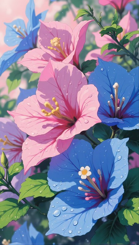 粉色蓝色扶桑花带水珠绿叶背景手机壁纸