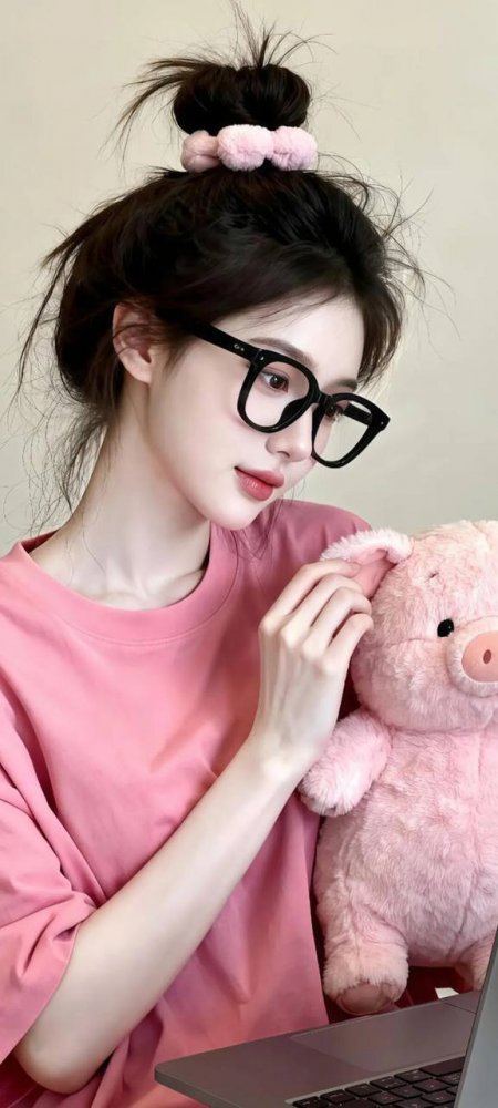 粉色系少女戴黑框眼镜抱粉猪玩偶手机壁纸