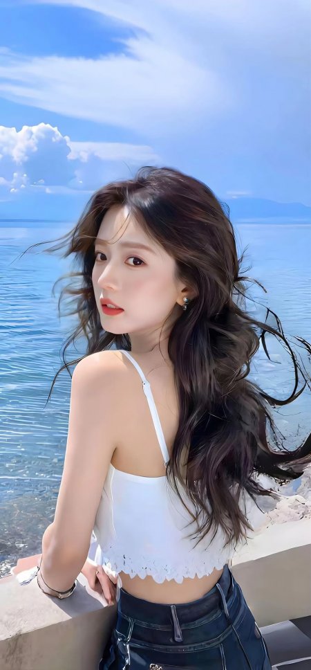 海边长发少女回眸微笑白色吊带上衣手机壁纸