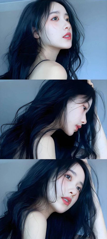 黑发少女侧颜凝视蓝调氛围感手机壁纸