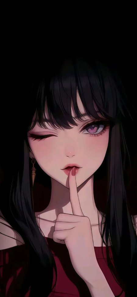 黑发紫瞳少女眨眼噤声手势手机壁纸