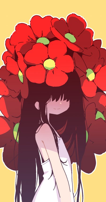 红花环绕黑发少女温柔侧颜手机壁纸