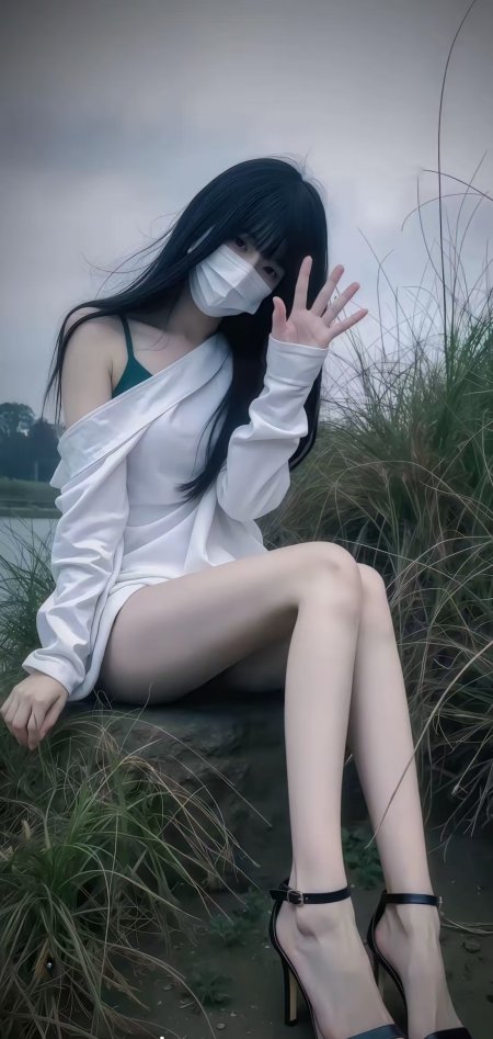 黑长直少女戴口罩挥手坐草丛白衬衫高跟鞋手机壁纸