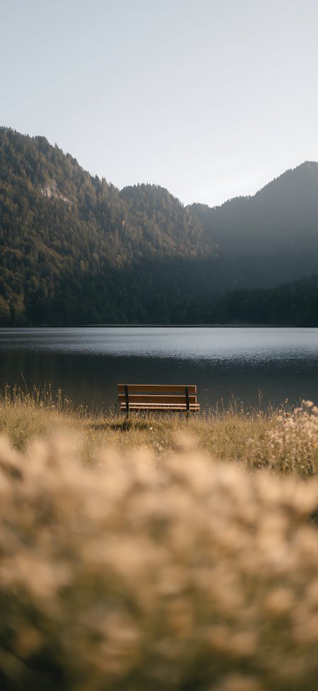 湖畔木椅静谧山景自然风光手机壁纸