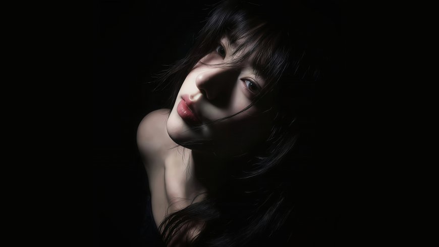 暗光下女性侧脸特写黑发红唇光影对比艺术摄影创意电脑壁纸