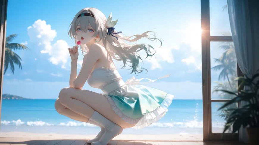 动漫少女白色长发海滩窗边蹲姿糖果可爱清新风格动漫电脑壁纸