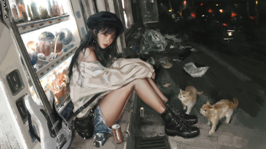 都市夜景少女与猫咪街边静坐动漫插画电脑壁纸